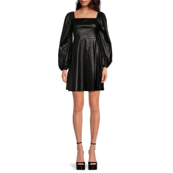 A176 • Faux Leather Puff Sleeve Mini Dress - Picture 1 of 3